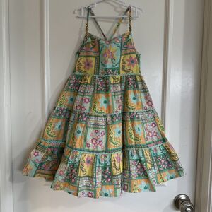 Etta Vee Girls Size 7 Dress Smocked Metallic Thread Orange Green Full Skirt